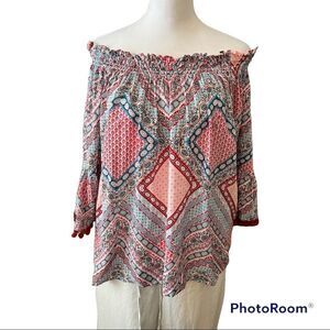 Grand & Greene off the shoulder ruffled sleeves w/ pom pom trim cute & colorful